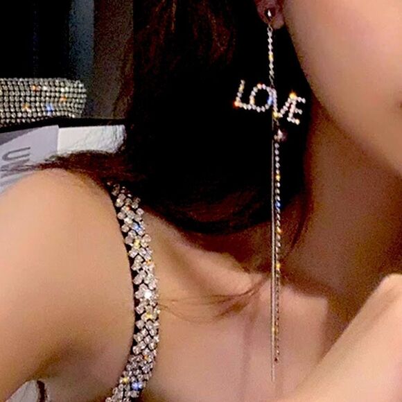 NEW Silver Rhinestone Dangling Long Graphic Love Post Earrings - Picture 3 of 4